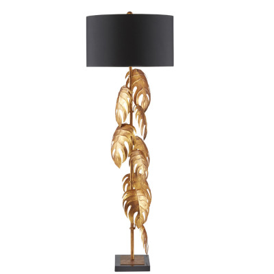 Торшер с каркасом из тропических листьев и круглым черным абажуром Tropical Leaves Monstera