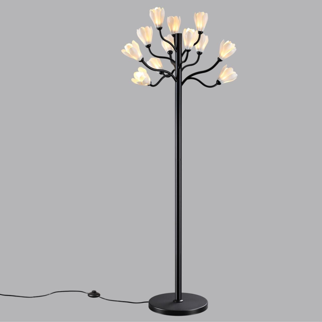 Торшер с плафонами из белых фарфоровых цветов на изогнутых ветвях Floralis