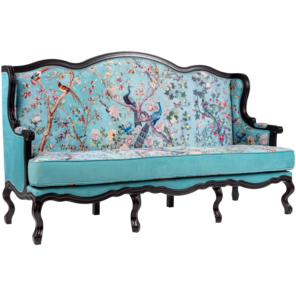 Трехместный диван из натурального бука бирюзовый с изображением птиц и цветов Turquoise Chinoiserie Garden Sofa