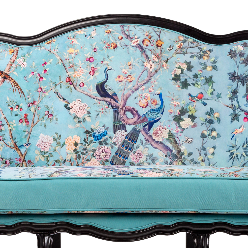 Трехместный диван из натурального бука бирюзовый с изображением птиц и цветов Turquoise Chinoiserie Garden Sofa