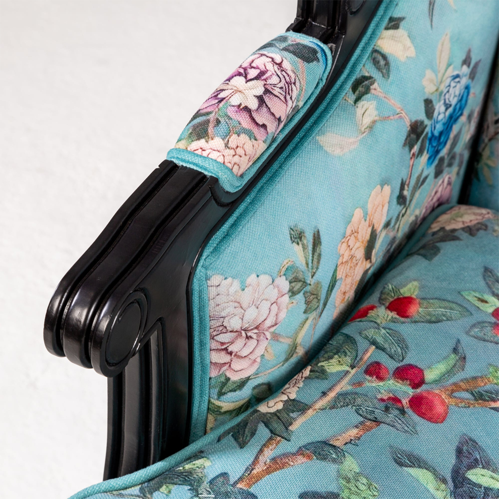 Трехместный диван из натурального бука бирюзовый с изображением птиц и цветов Turquoise Chinoiserie Garden Sofa