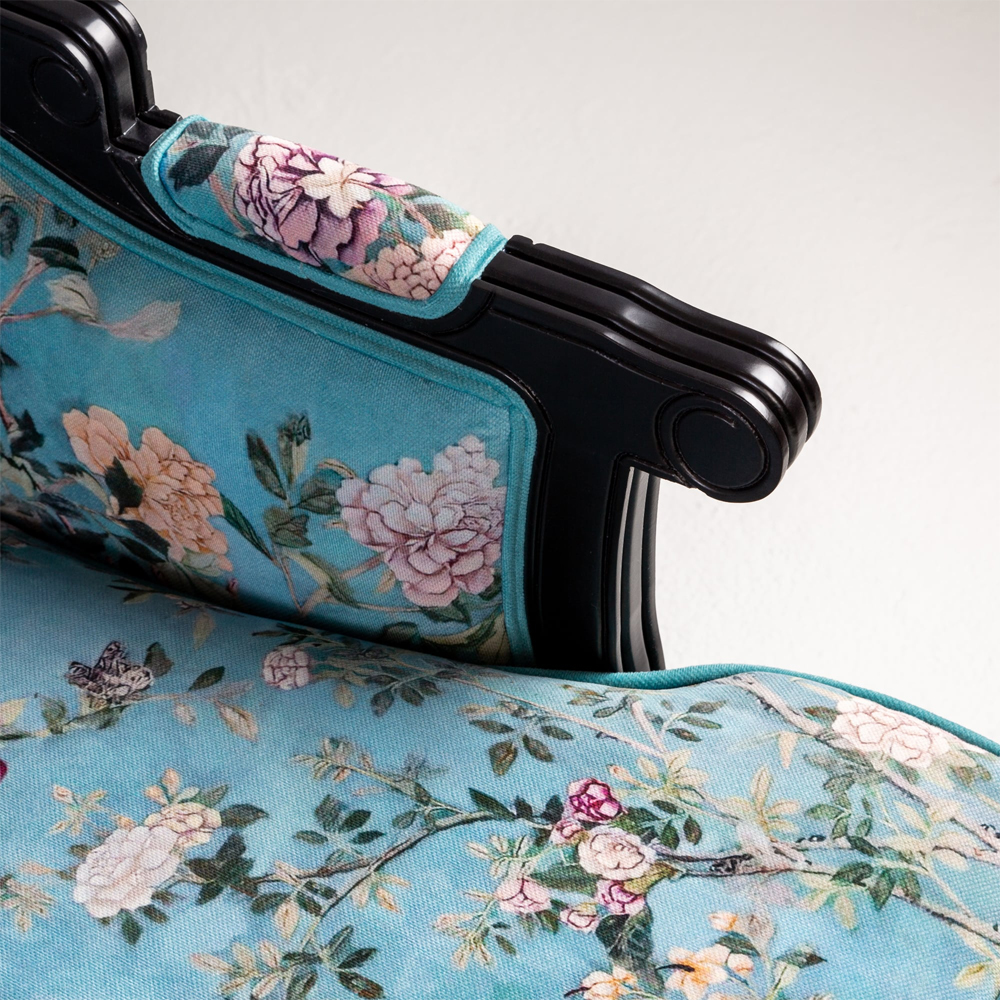 Трехместный диван из натурального бука бирюзовый с изображением птиц и цветов Turquoise Chinoiserie Garden Sofa