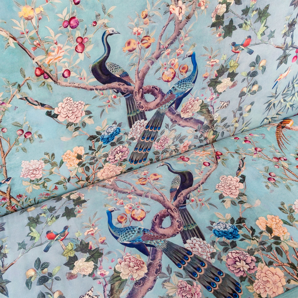 Трехместный диван из натурального бука бирюзовый с изображением птиц и цветов Turquoise Chinoiserie Garden Sofa