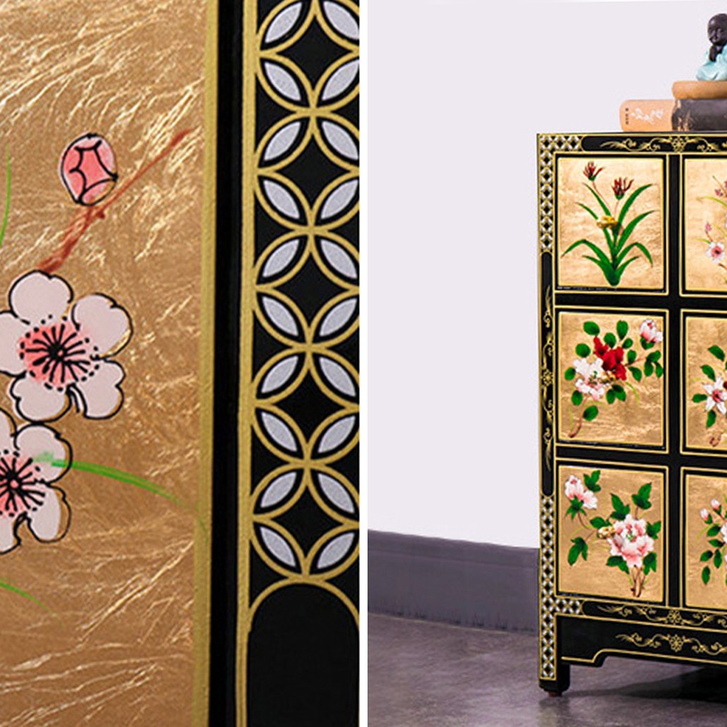 Тумба в Китайском стиле ручная роспись Black and Gold Chinese Nightstand