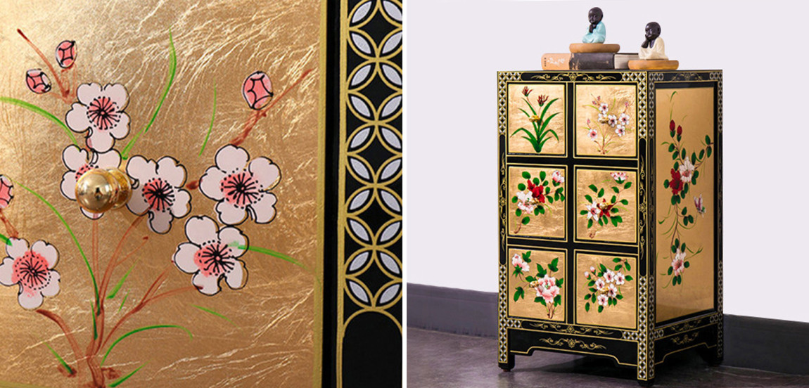 Тумба в Китайском стиле ручная роспись Black and Gold Chinese Nightstand