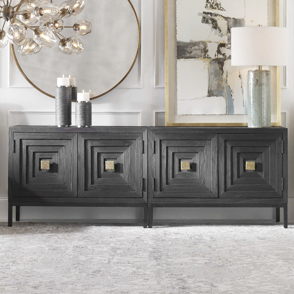 Тумба черная из дерева двухдверная Geometric Double Door Nightstand