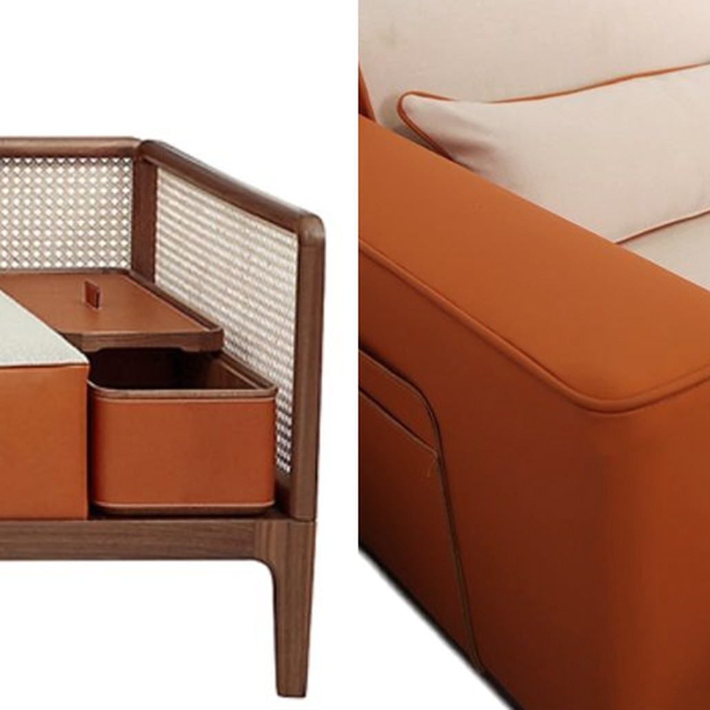 Угловой Диван с отделкой из ротанга Nava Rattan Decor Sofa Orange