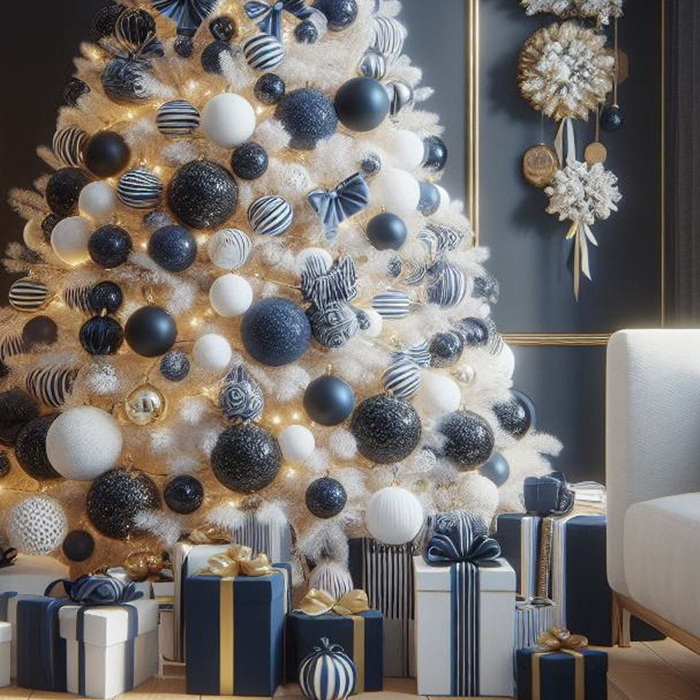 Украшенная Белая Новогодняя Елка с сине-белыми шарами и и муляжами подарков в комплекте