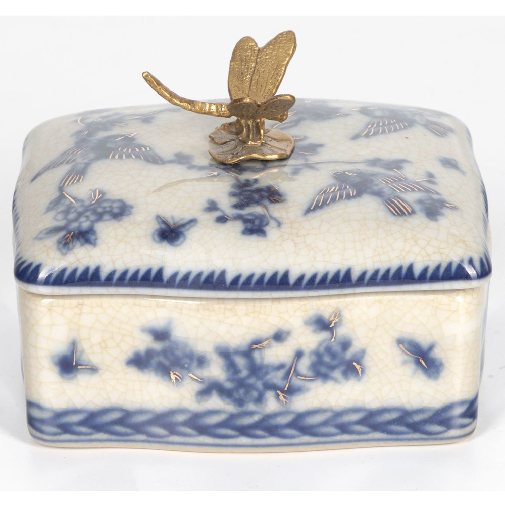 Фарфоровая шкатулка с бронзовой стрекозой Blue and White