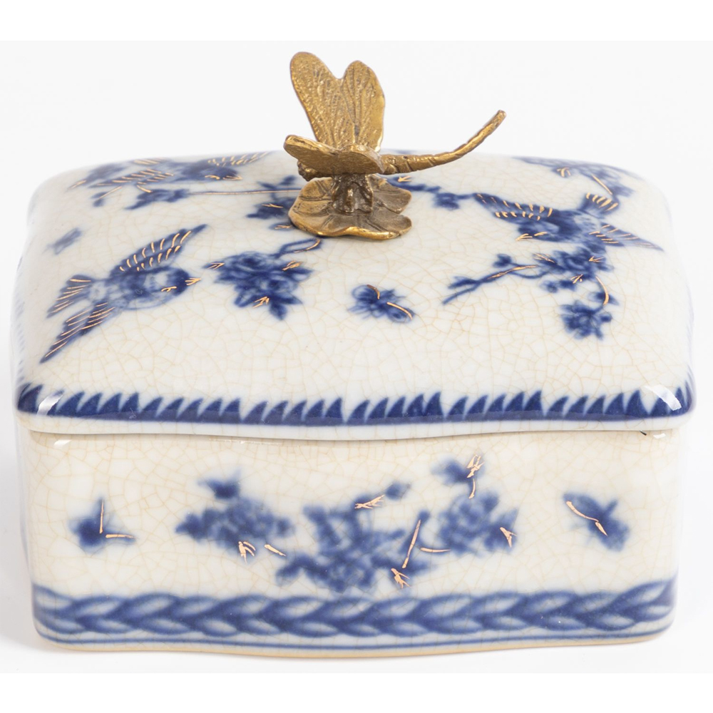 Фарфоровая шкатулка с бронзовой стрекозой Blue and White