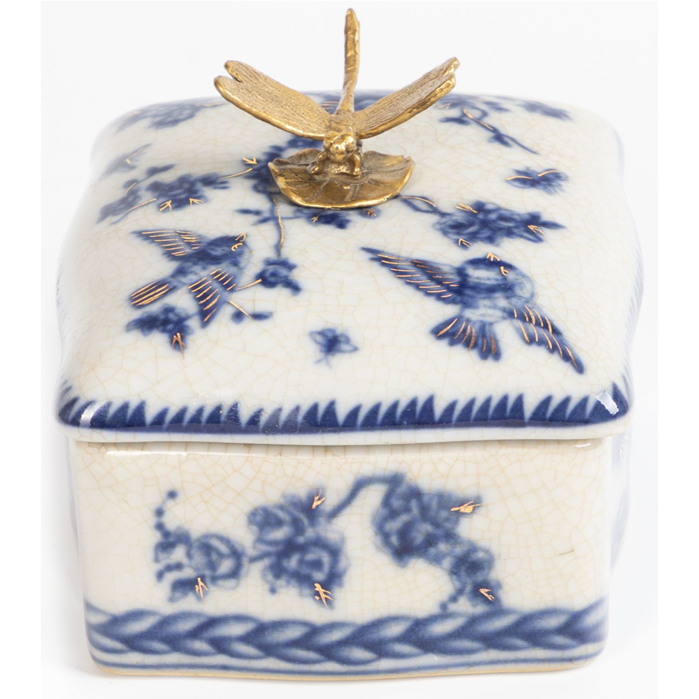 Фарфоровая шкатулка с бронзовой стрекозой Blue and White