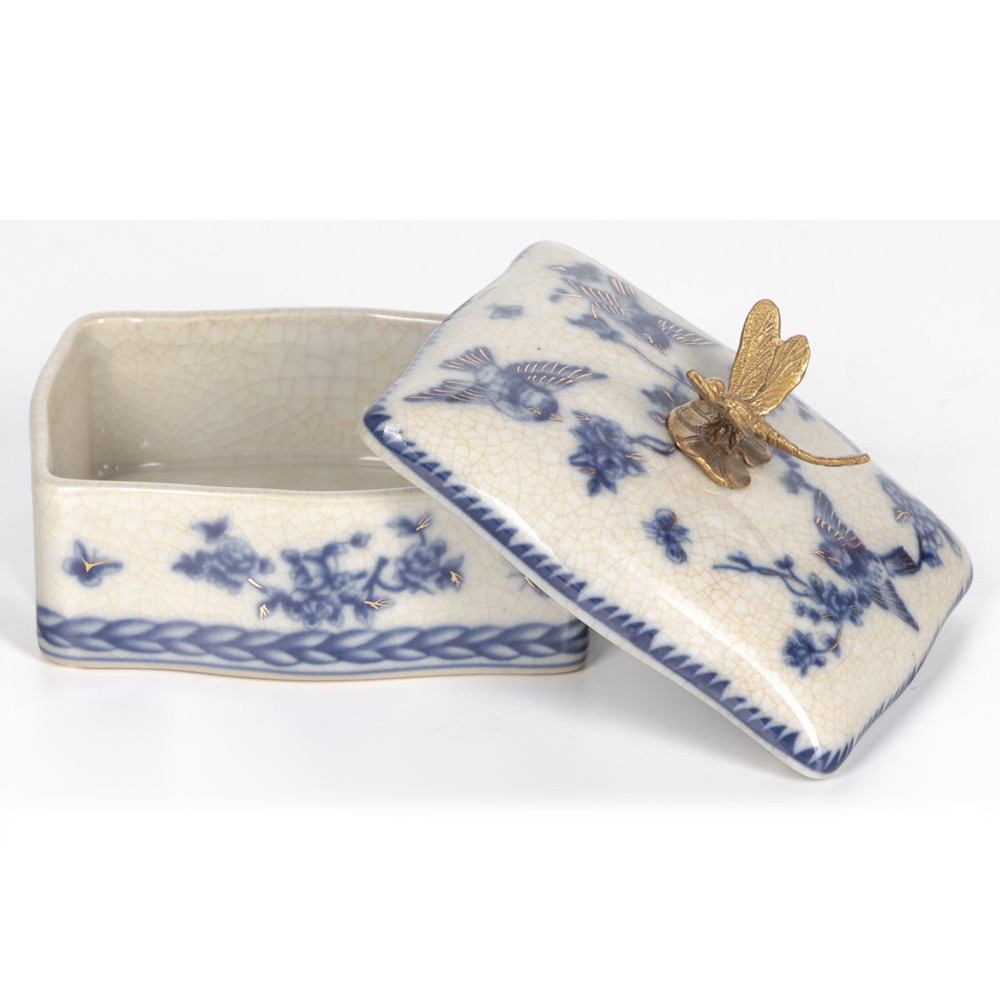 Фарфоровая шкатулка с бронзовой стрекозой Blue and White