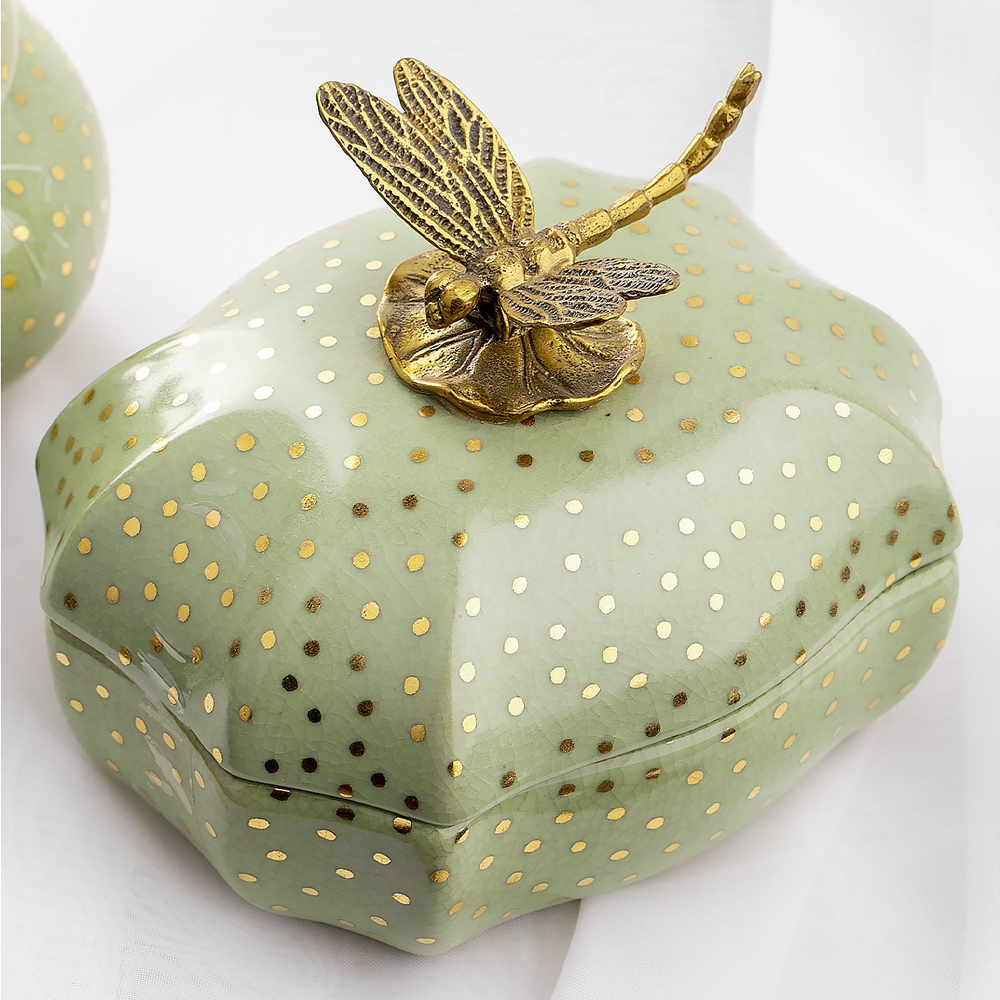 Фарфоровая шкатулка с бронзовой стрекозой Eden Garden Green