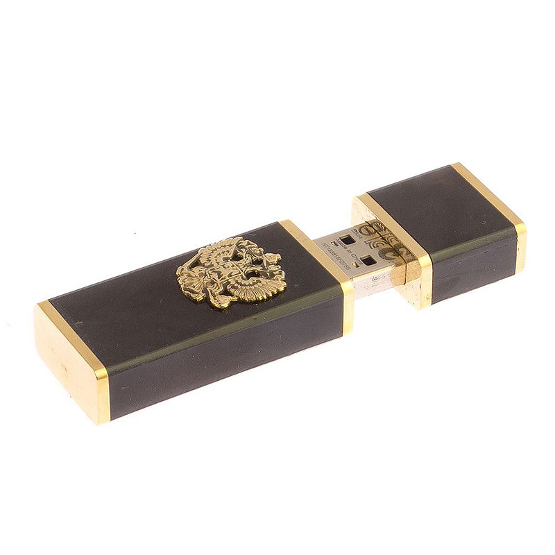 Флешка на 16 гб с декоративной металлической вставкой Герба РФ из натурального камня Обсидиан Черный Stone Flash Drive