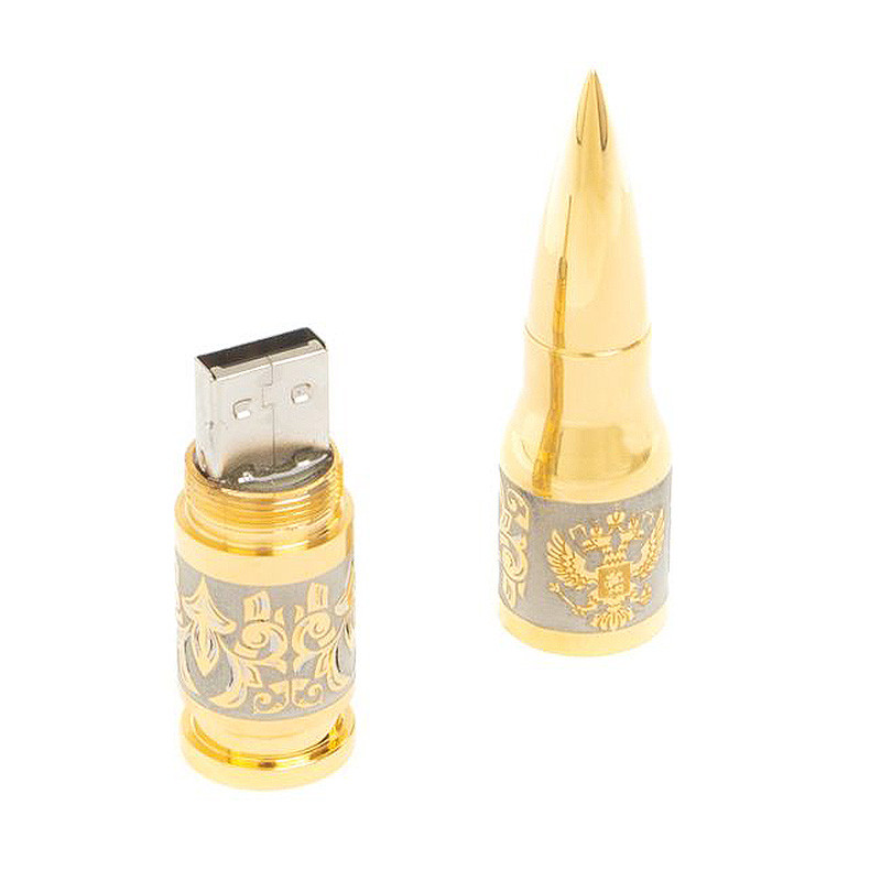 Флешка на 32 гб в виде патрона с гравировкой Герба РФ в подарочной коробке Metal Flash Drive