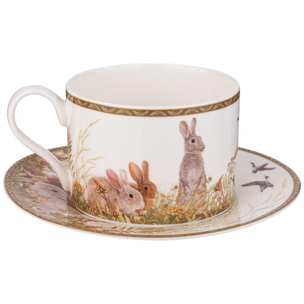Чайная пара из фарфора с изображением собаки и зайцев 300 мл Hunting Porcelain Collection