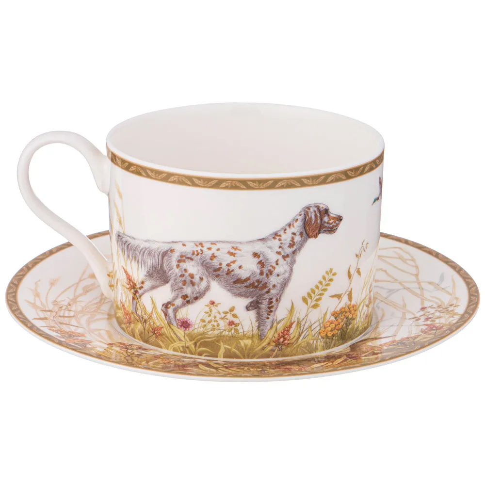 Чайная пара из фарфора с изображением собаки и уток 300 мл Hunting Porcelain Collection