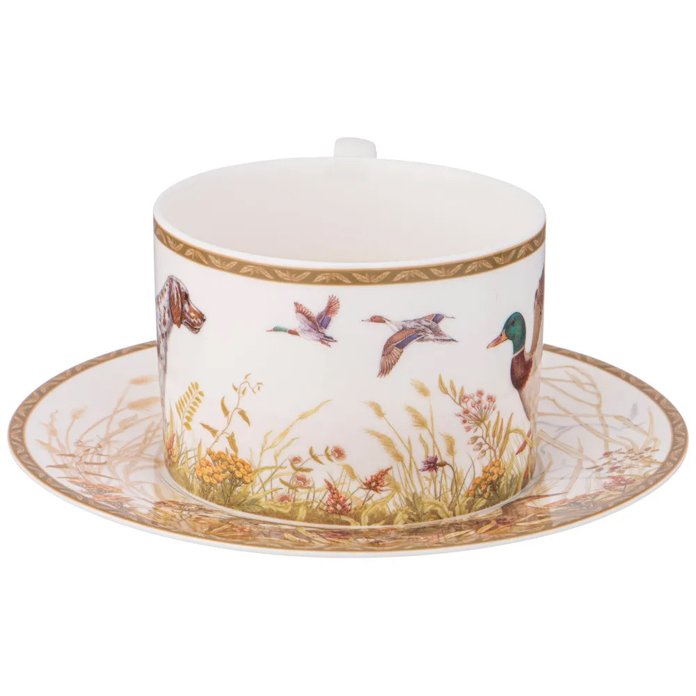 Чайная пара из фарфора с изображением собаки и уток 300 мл Hunting Porcelain Collection