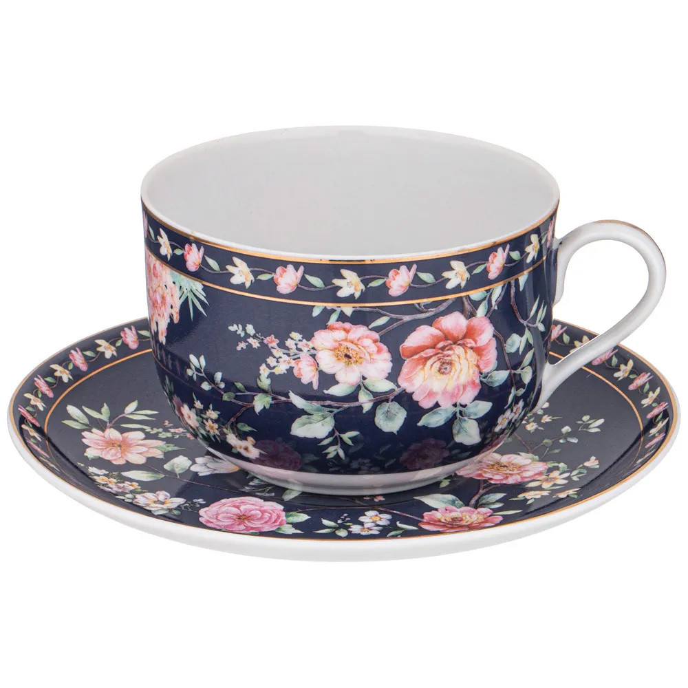 Чайный набор из фарфора синий на 6 персон 12 предметов Flower Porcelain Collection