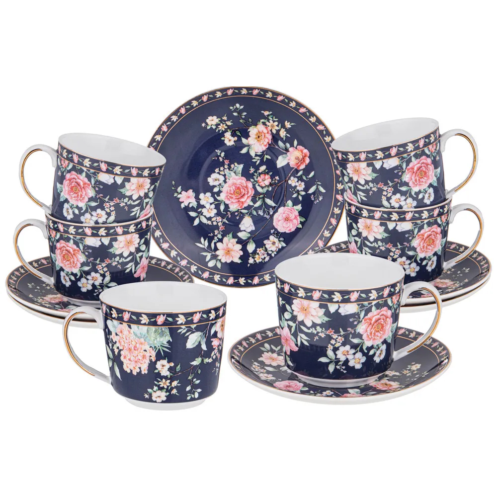 Чайный сервиз из фарфора синий на 6 персон 14 предметов Flower Porcelain Collection