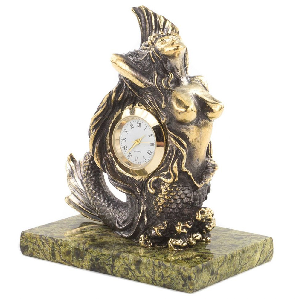 Часы настольные бронзовые в виде русалочки из натурального камня Змеевик Mermaid Stone Clock