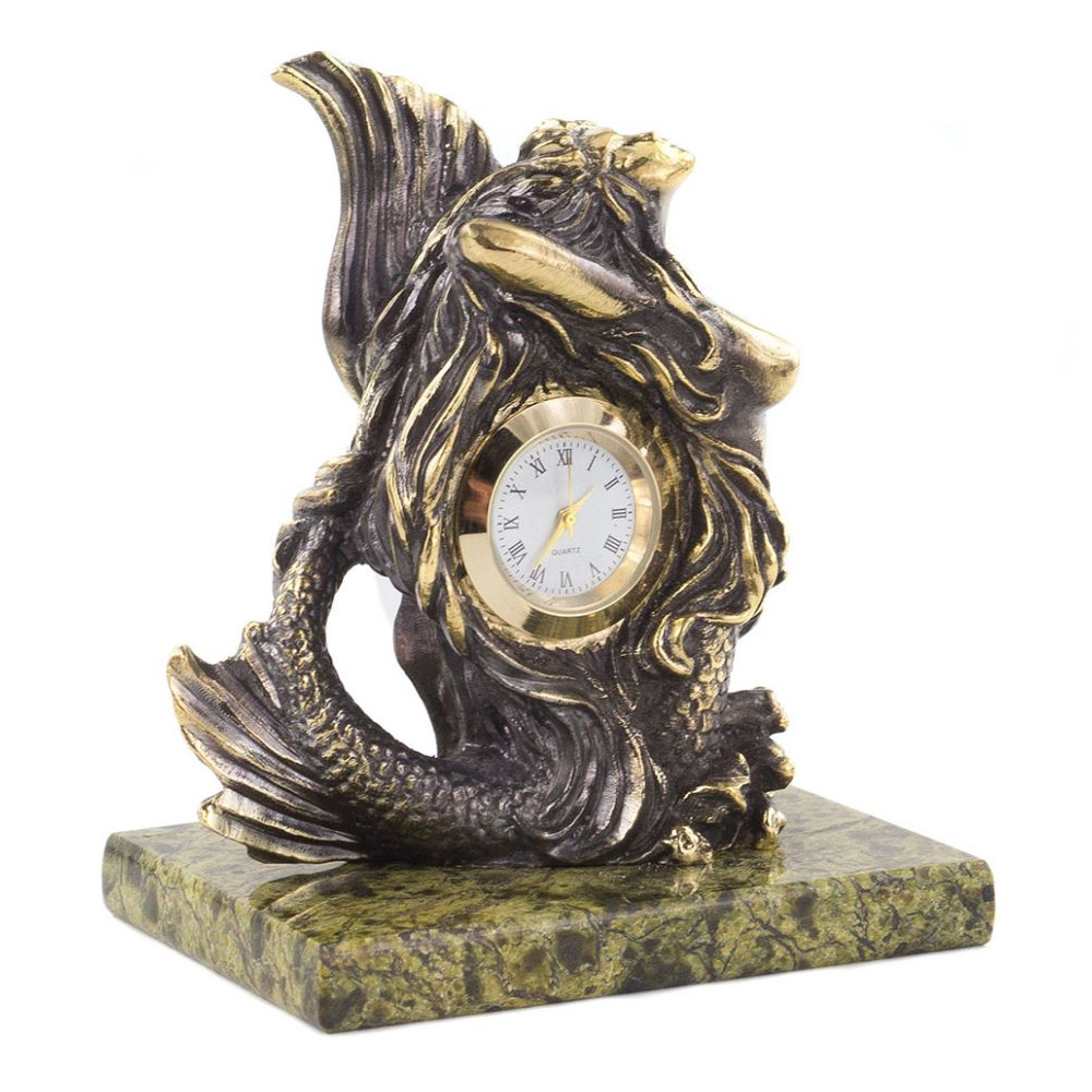 Часы настольные бронзовые в виде русалочки из натурального камня Змеевик Mermaid Stone Clock