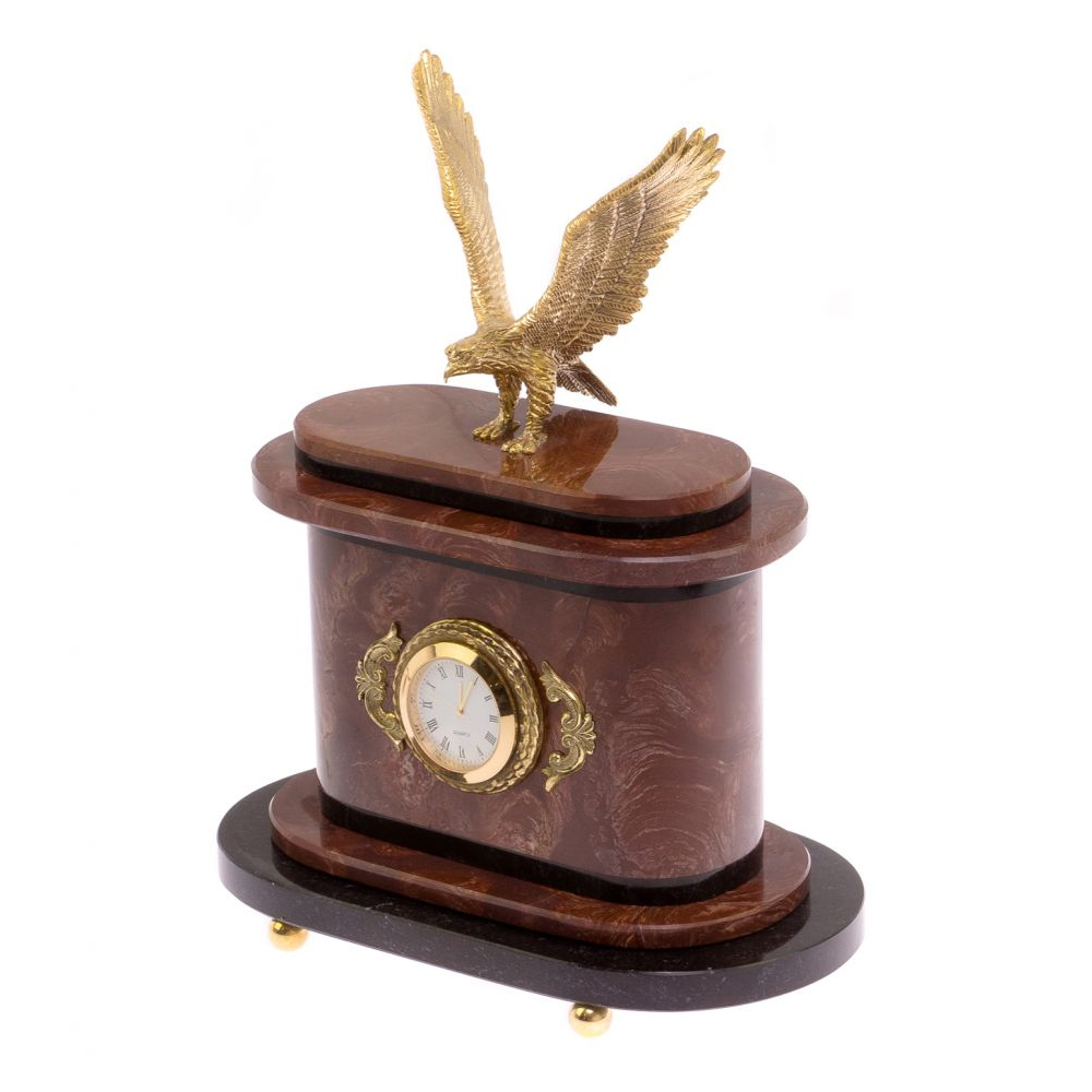 Часы настольные бронзовые из натурального камня Лемезит с декором в виде горного орла Eagle Stone Clock