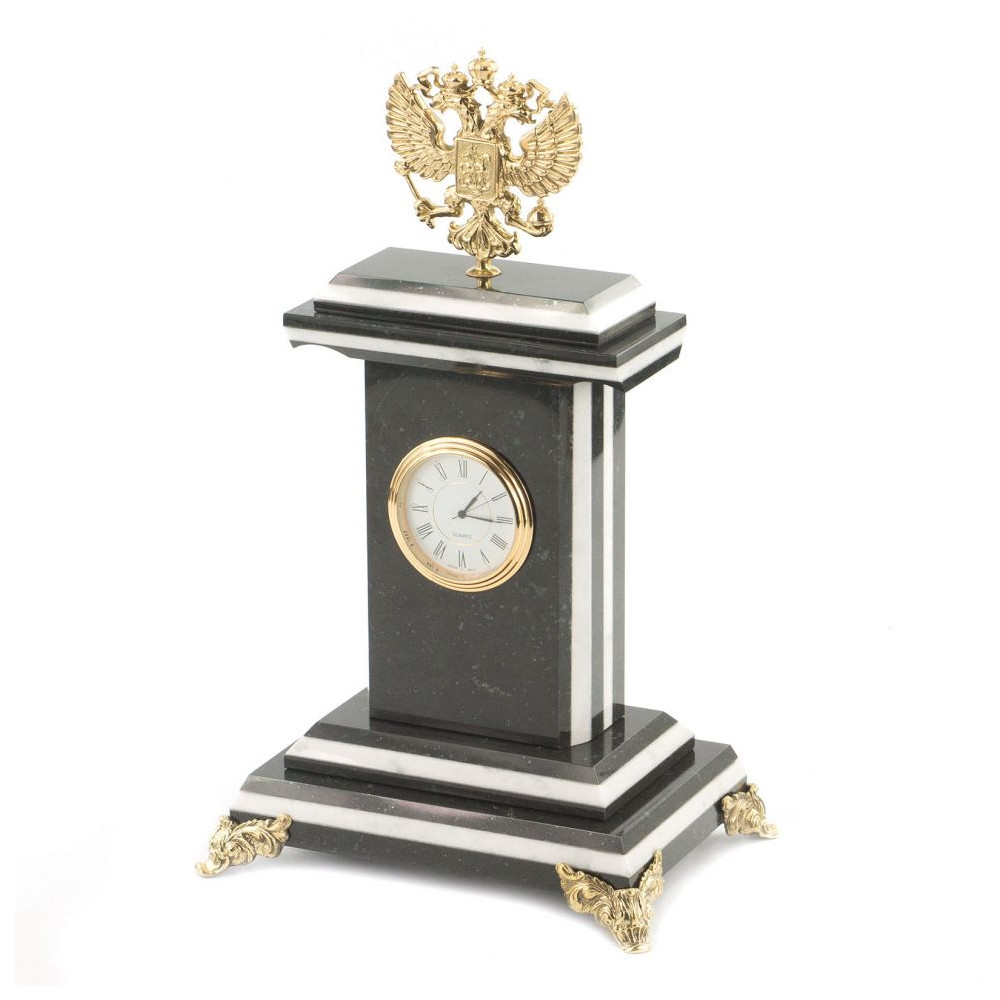 Часы настольные бронзовые с Гербом России из натурального камня Змевик Stone Clock