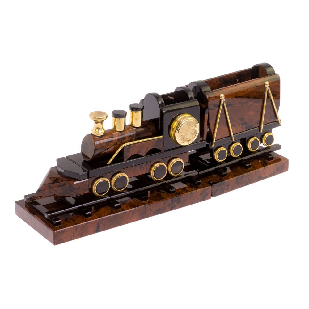 Часы настольные в виде паровоза из натурального камня Обсидиан Train Stone Clock