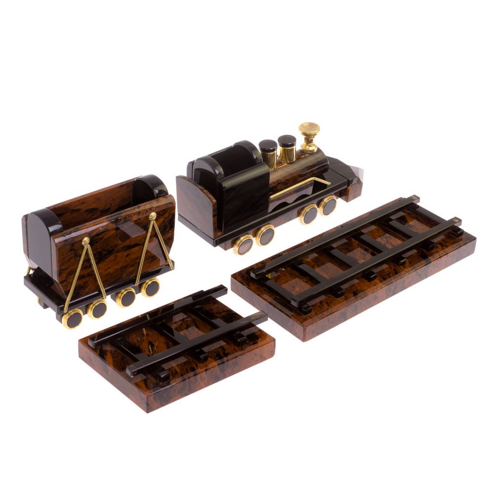 Часы настольные в виде паровоза из натурального камня Обсидиан Train Stone Clock