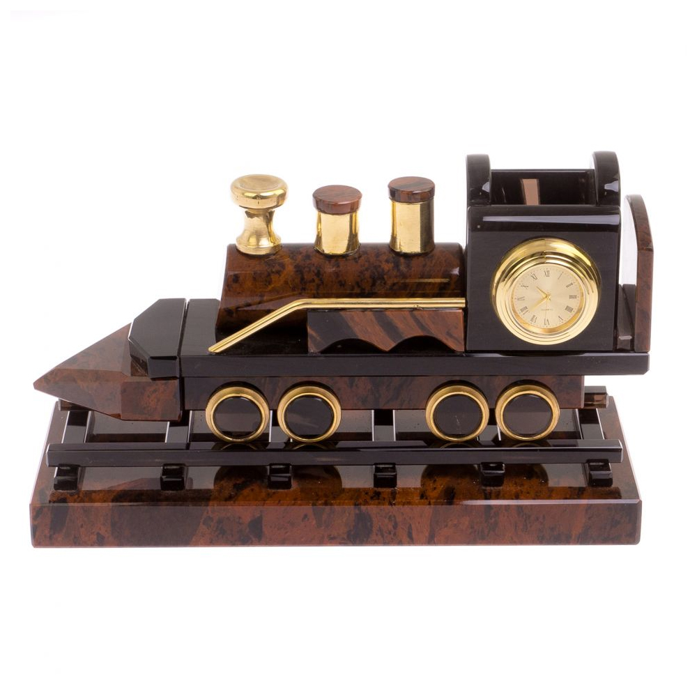 Часы настольные в виде паровоза из натурального камня Обсидиан Train Stone Clock