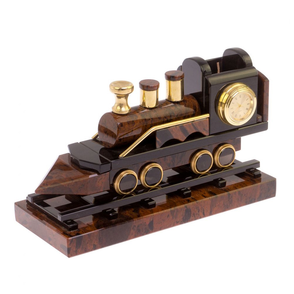 Часы настольные в виде паровоза из натурального камня Обсидиан Train Stone Clock