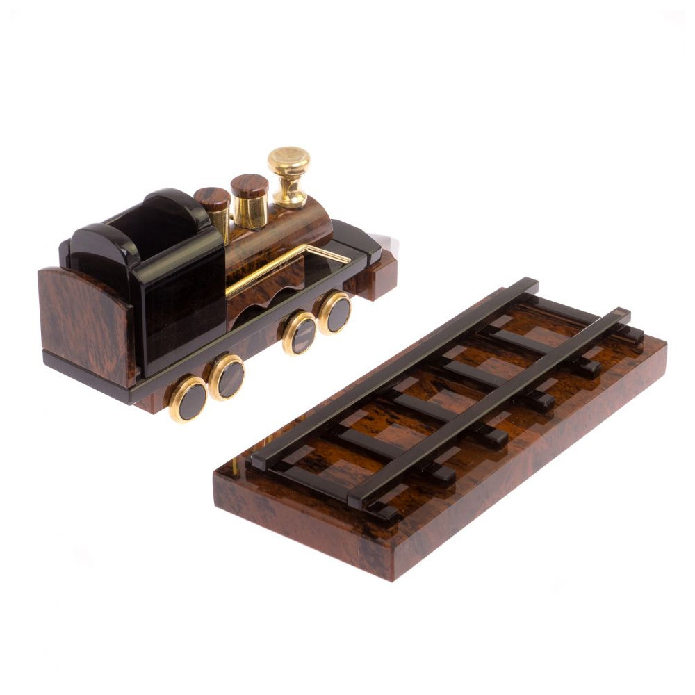 Часы настольные в виде паровоза из натурального камня Обсидиан Train Stone Clock