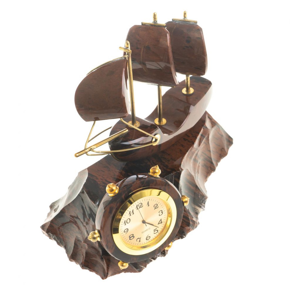 Часы настольные в виде парусника из натурального камня Обсидиан Sailboat Stone Clock