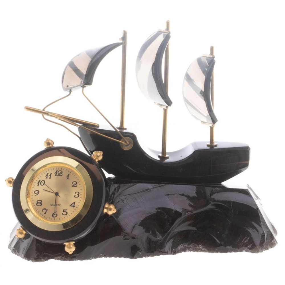 Часы настольные в виде парусника из натурального камня Обсидиан Sailboat Stone Clock