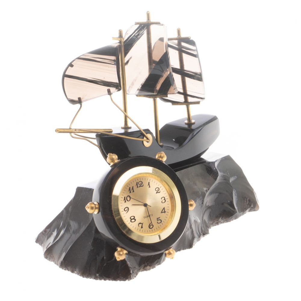 Часы настольные в виде парусника из натурального камня Обсидиан Sailboat Stone Clock