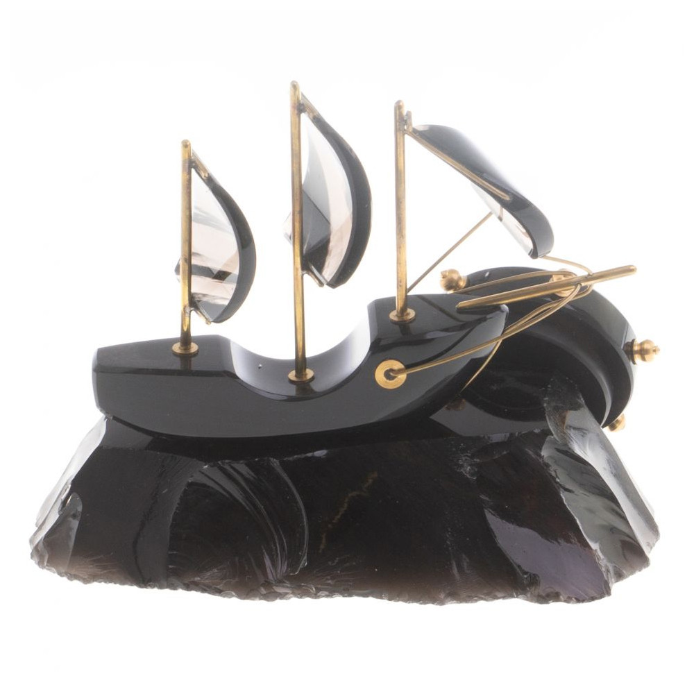 Часы настольные в виде парусника из натурального камня Обсидиан Sailboat Stone Clock