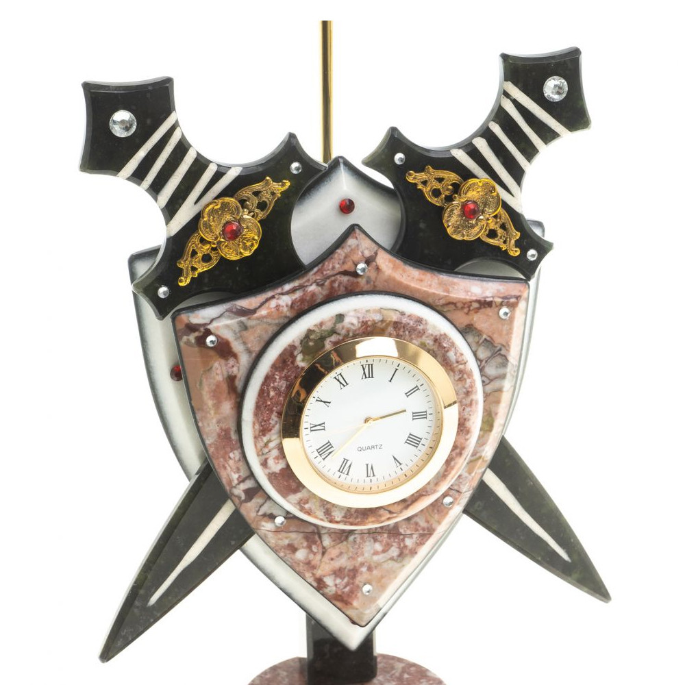 Часы настольные в виде щита с флагом из натуральных камней Змеевик и Креноид Stone Clock