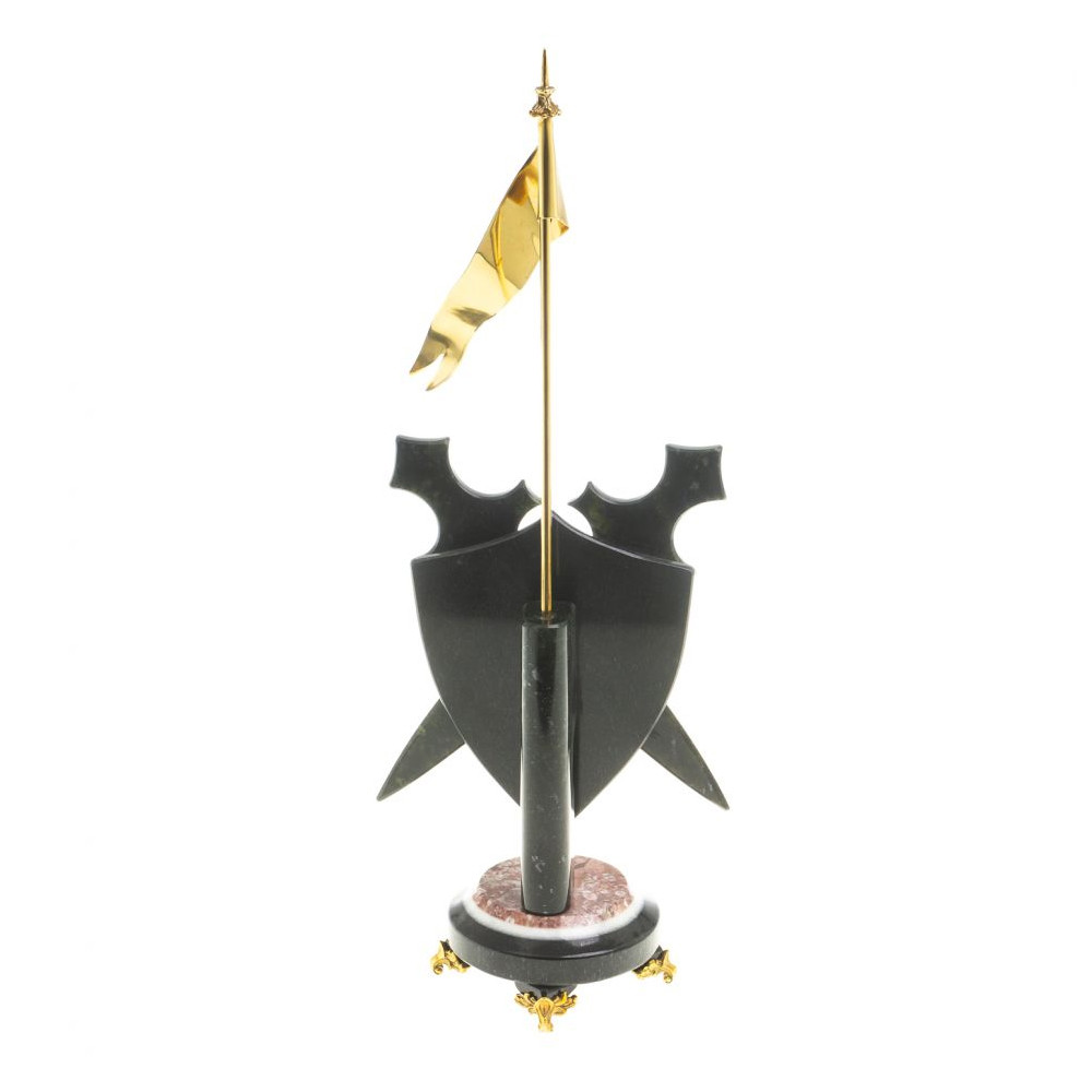 Часы настольные в виде щита с флагом из натуральных камней Змеевик и Креноид Stone Clock