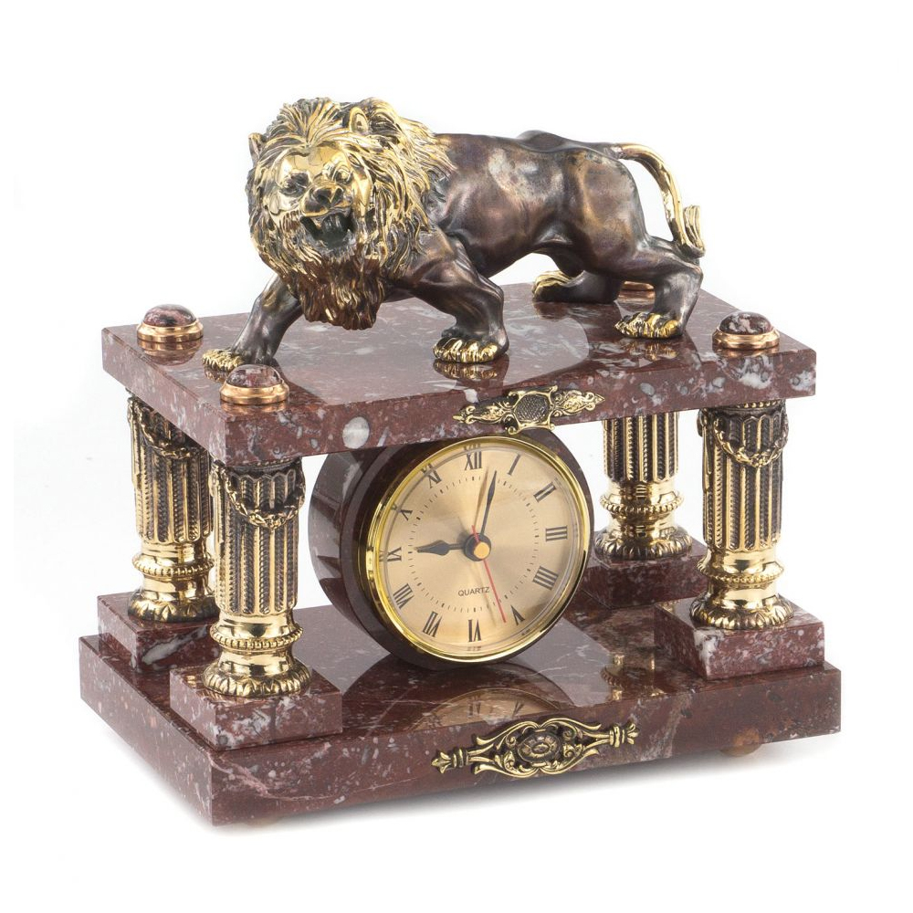 Часы настольные из креноида и бронзы с декором в виде льва Lion Stone Clock