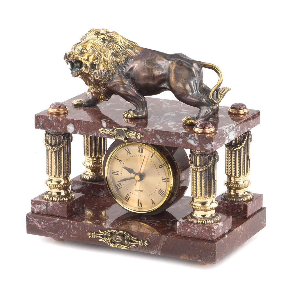 Часы настольные из креноида и бронзы с декором в виде льва Lion Stone Clock
