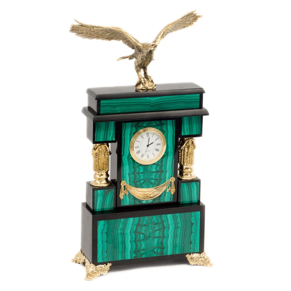 Часы настольные из натурального камня Малахит с декором в виде орла Eagle Stone Clock