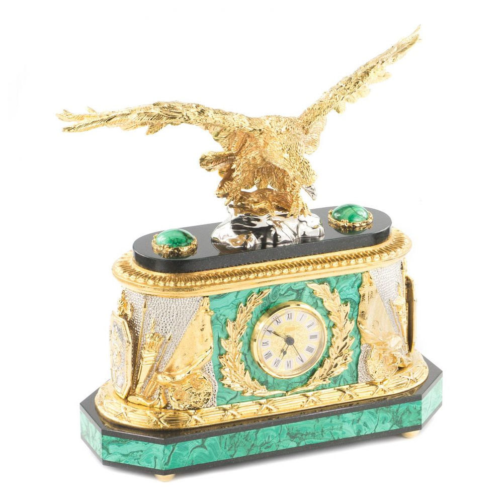 Часы настольные из натурального камня Малахит с декором в виде орла в подарочной коробке Eagle Stone Clock