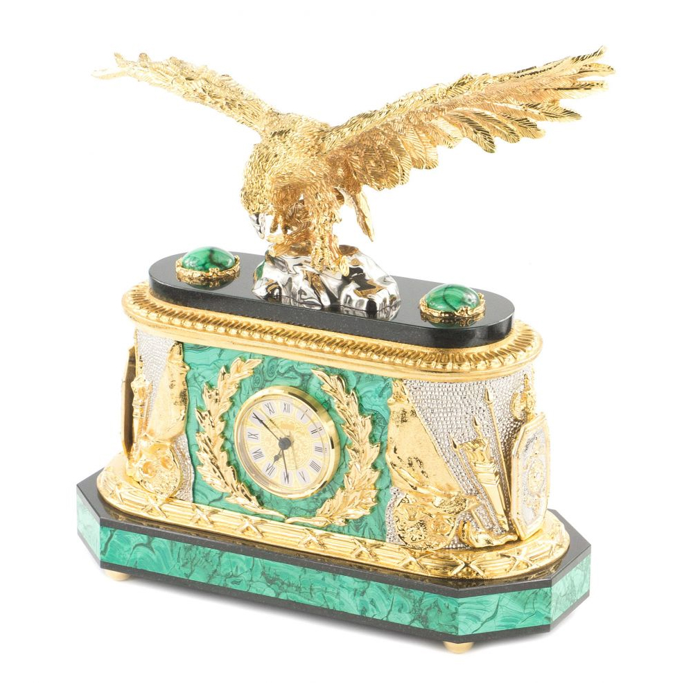 Часы настольные из натурального камня Малахит с декором в виде орла в подарочной коробке Eagle Stone Clock