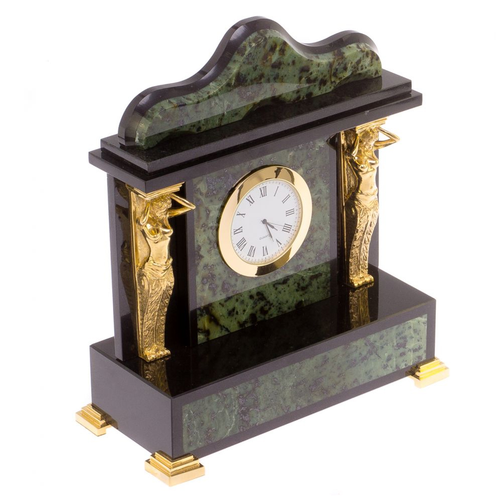 Часы настольные из натурального камня Нефрит с декором в виде Кариатиды Caryatid Stone Clock