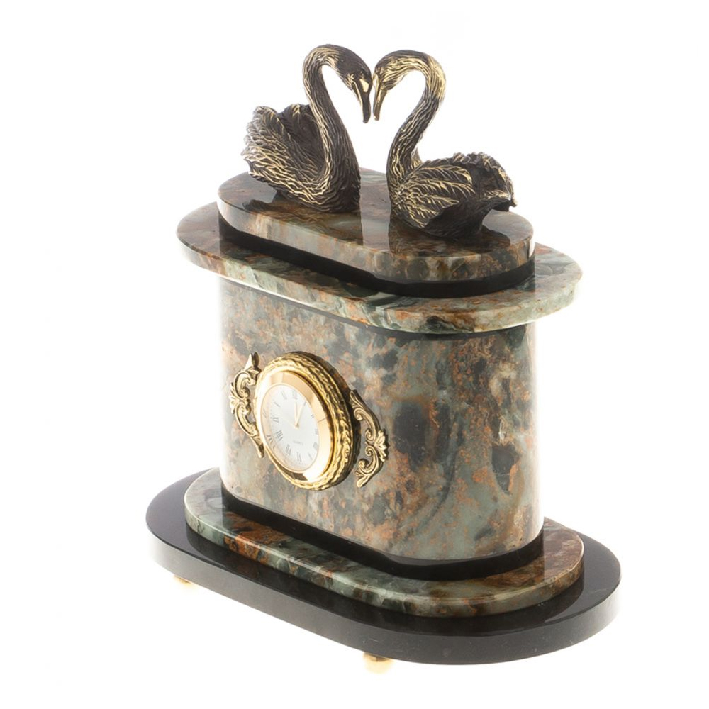 Часы настольные из натурального камня с декором в виде двух лебедей Swans Stone Clock