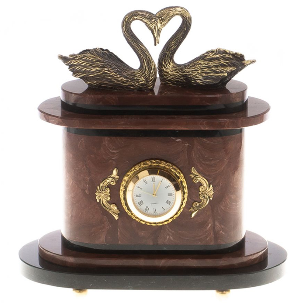Часы настольные из натурального камня с декором в виде двух лебедей Swans Stone Clock