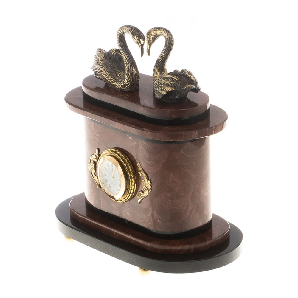 Часы настольные из натурального камня с декором в виде двух лебедей Swans Stone Clock