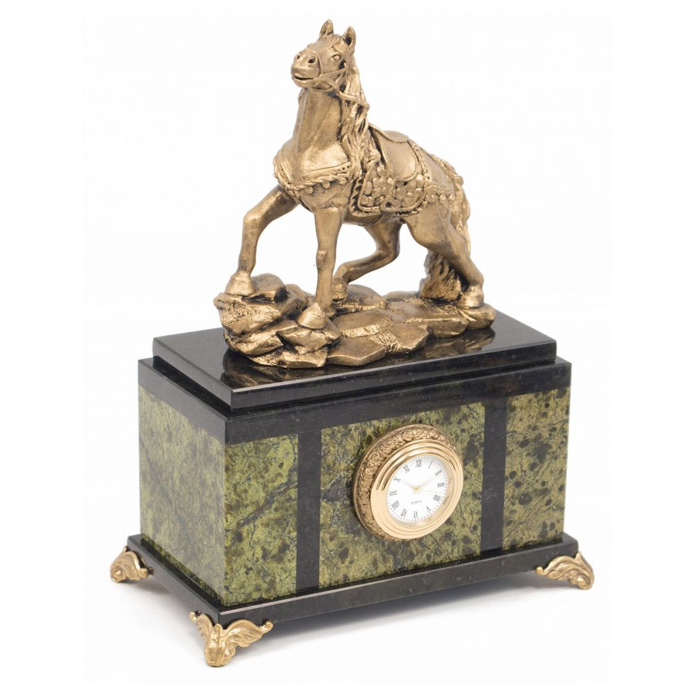 Часы настольные из натурального камня с декором в виде коня Horse Stone Clock