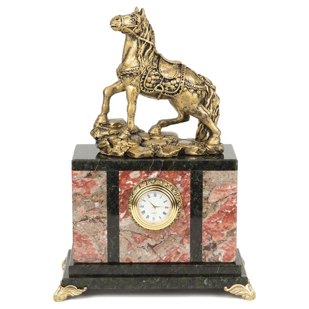 Часы настольные из натурального камня с декором в виде коня Horse Stone Clock